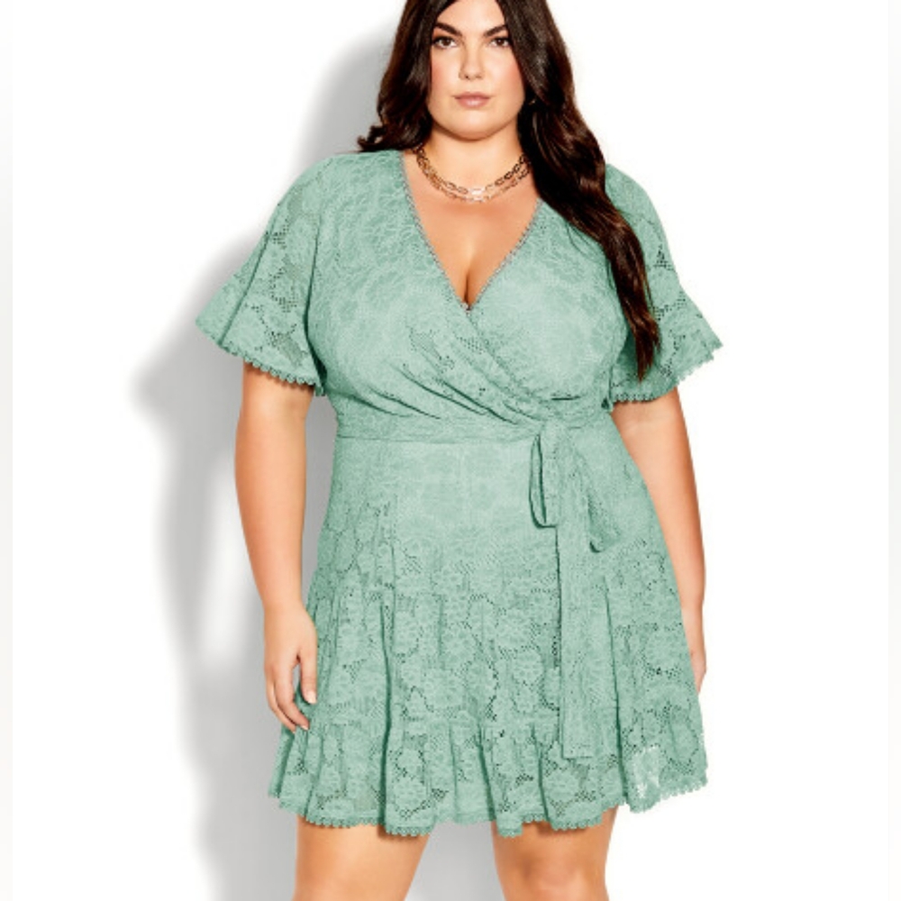 City Chic 22 / XL - Garden Kisses - Sage Green Lace Faux Wrap - Mini Dress